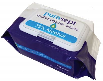Product PS140A: PURESAN PURASEPT 75% ALCOHOL WIPES 50/PACK 24 PACKS PER